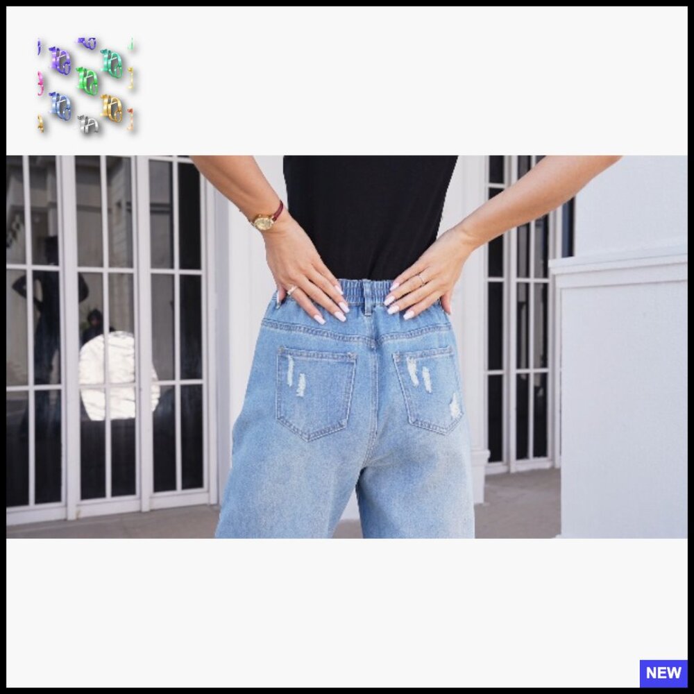 Distressed Barrel Jeans Mid Rise Straight Wide Leg Pull On Denim Pants - Picture 7 of 7